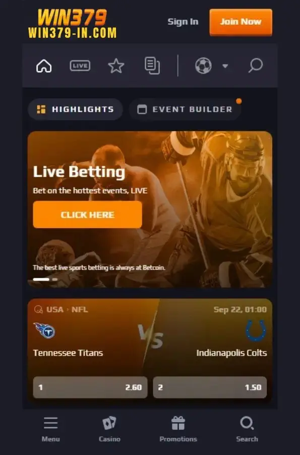 WIN379 mobile app interface